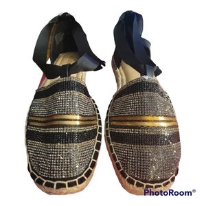 Black & Gold Sequence Espadrille Tie Up Flats Women's Size 9